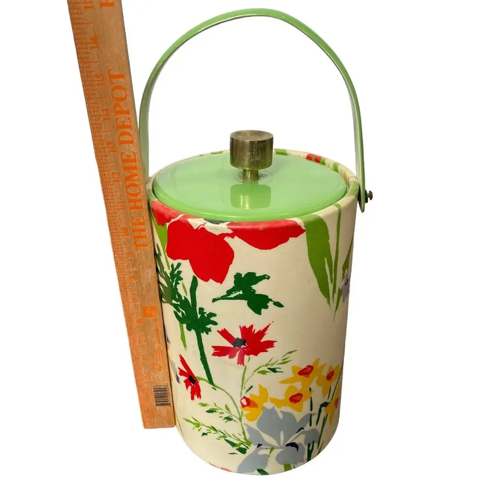 Large Floral Ice Bucket MCM Retro Vtg Iris Spring Flower Vinyl Insulated READ